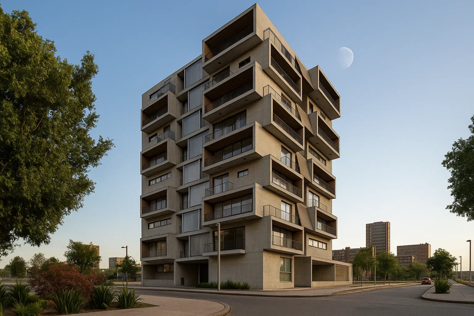 Edificio España: vivienda multifamiliar en hormigón con balcones escalonados en esquina urbana
