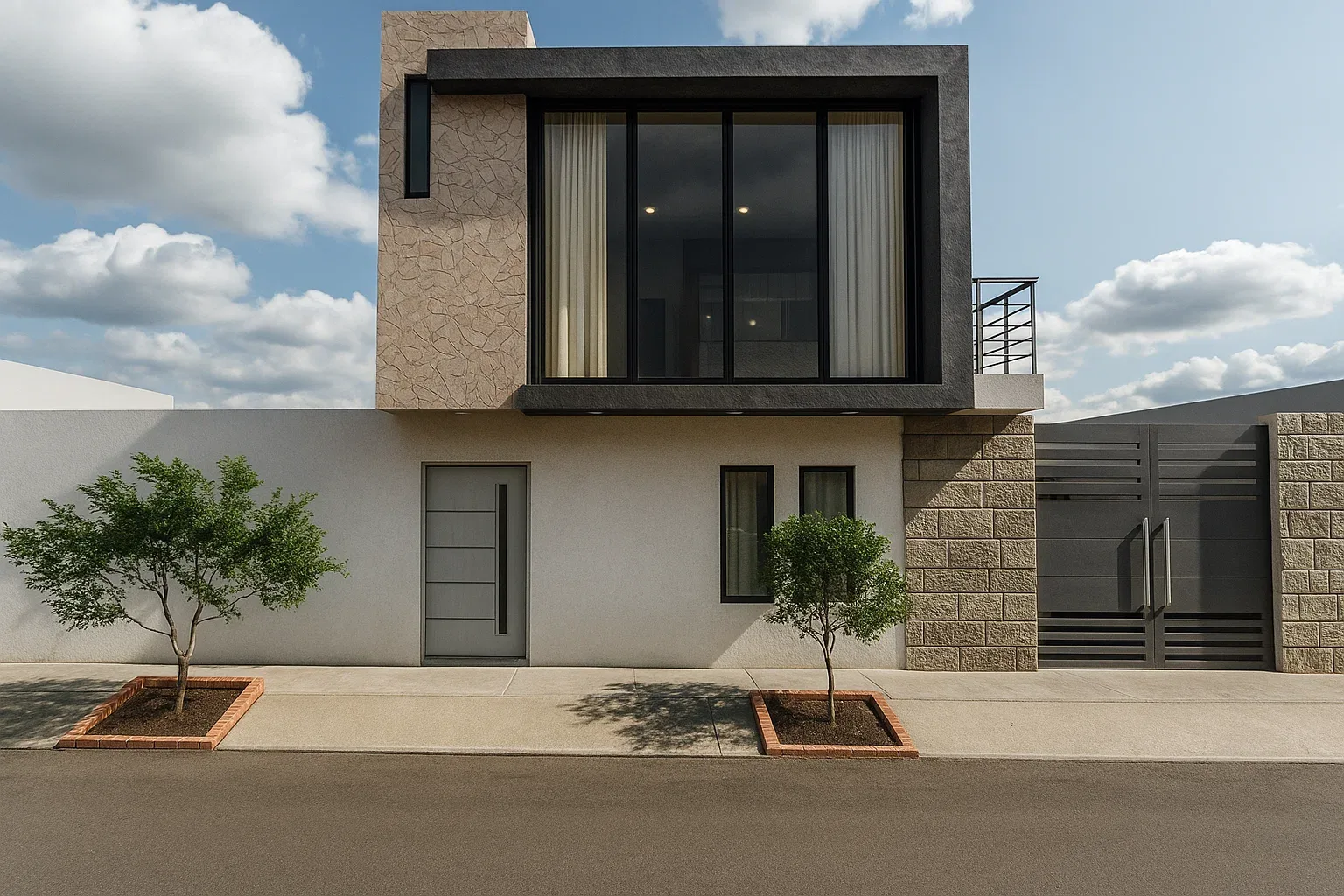 Fachada de vivienda de dos niveles con volumen en voladizo, ventanal negro y portón metálico