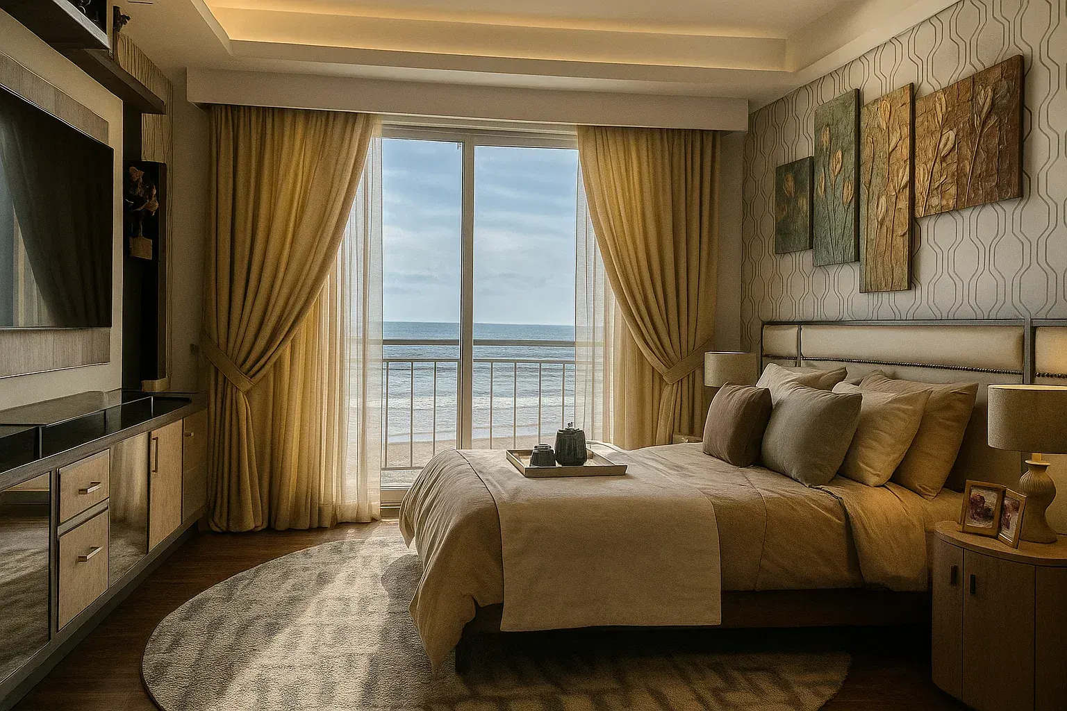 Habitación principal con balcón y vista al mar, en apartamento de proyecto costero