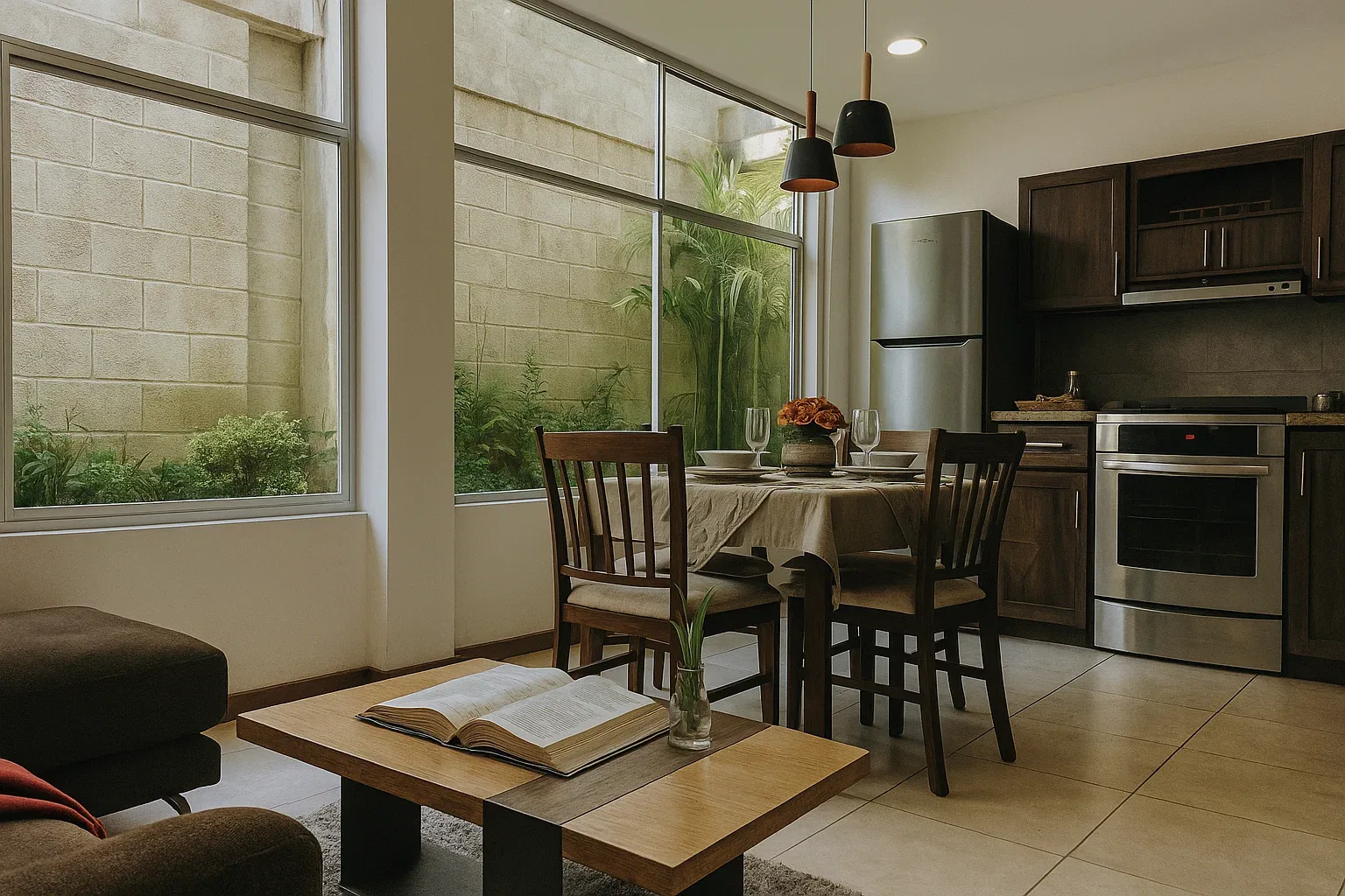 Sala, comedor y cocina integrados, con ventanal corrido hacia un patio lateral ajardinado