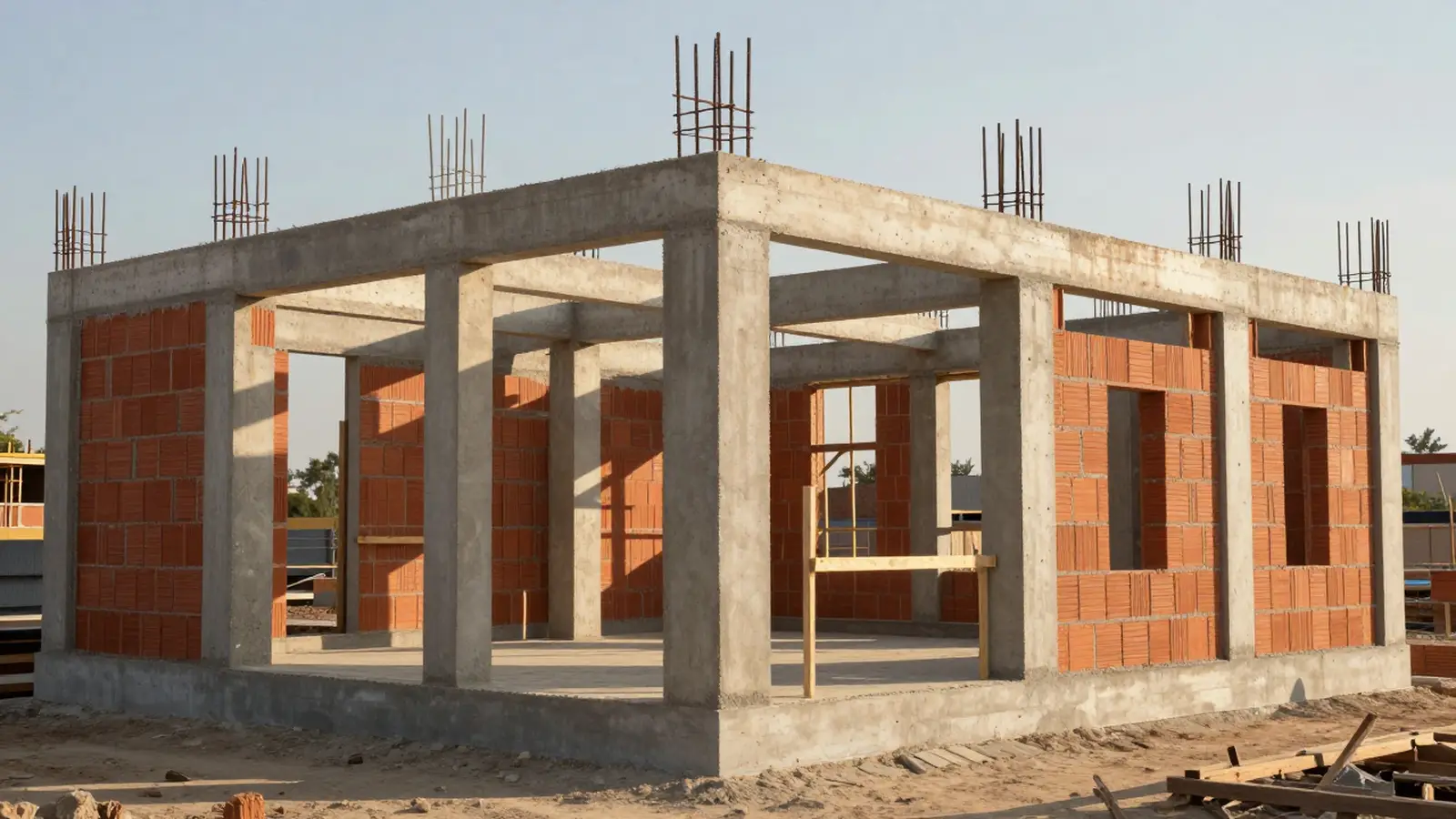 Estructura de concreto reforzado con muros de ladrillo de una vivienda en construcción