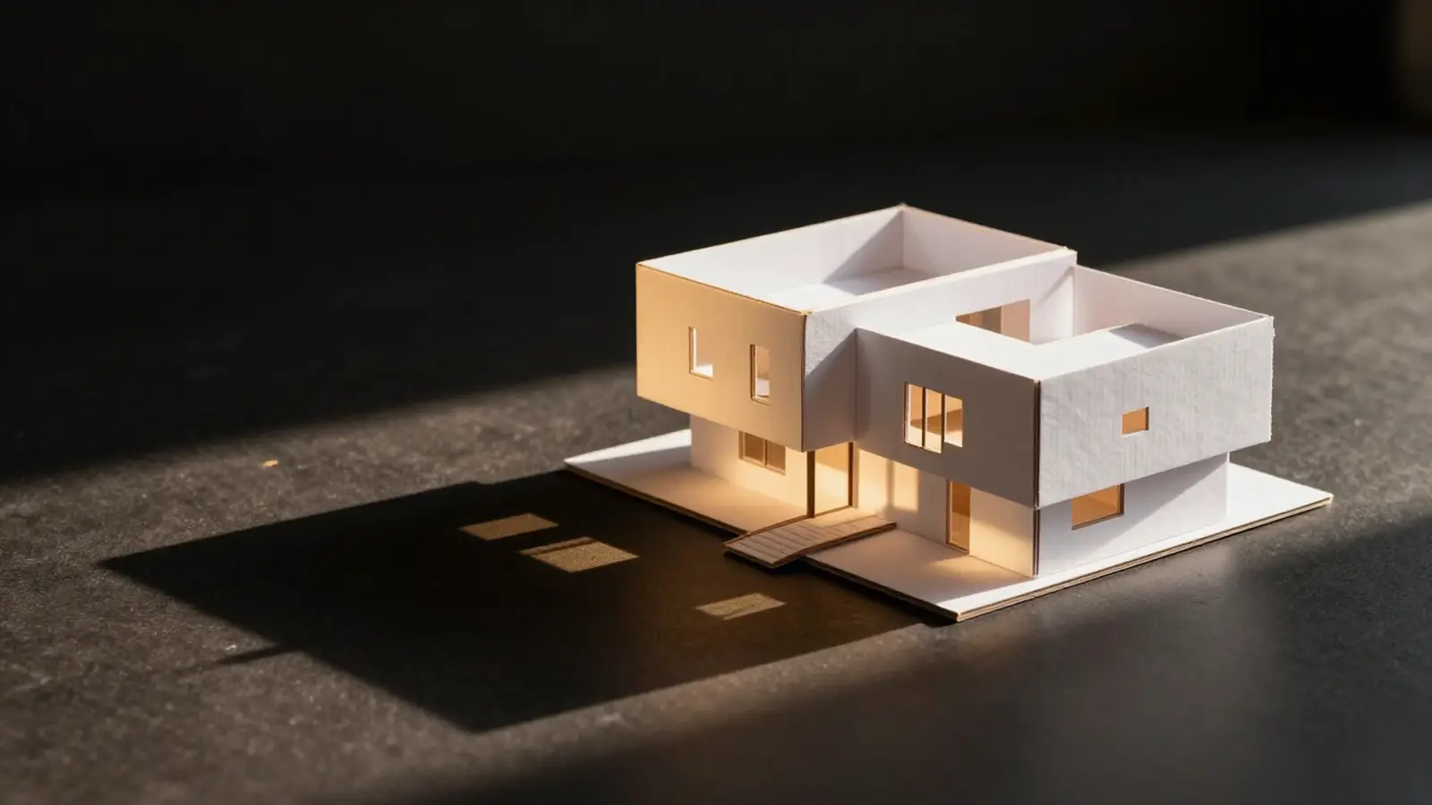 Maqueta de estudio en cartón de una vivienda contemporánea, iluminada con luz cálida rasante