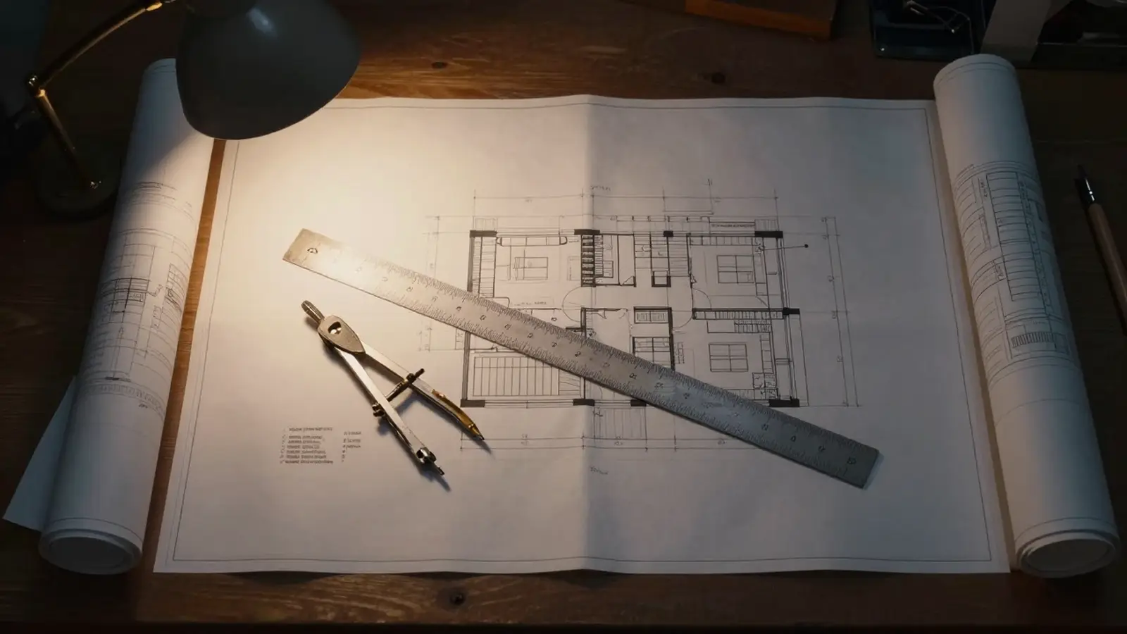 Planos arquitectónicos desplegados sobre una mesa de dibujo, con escalímetro y compás